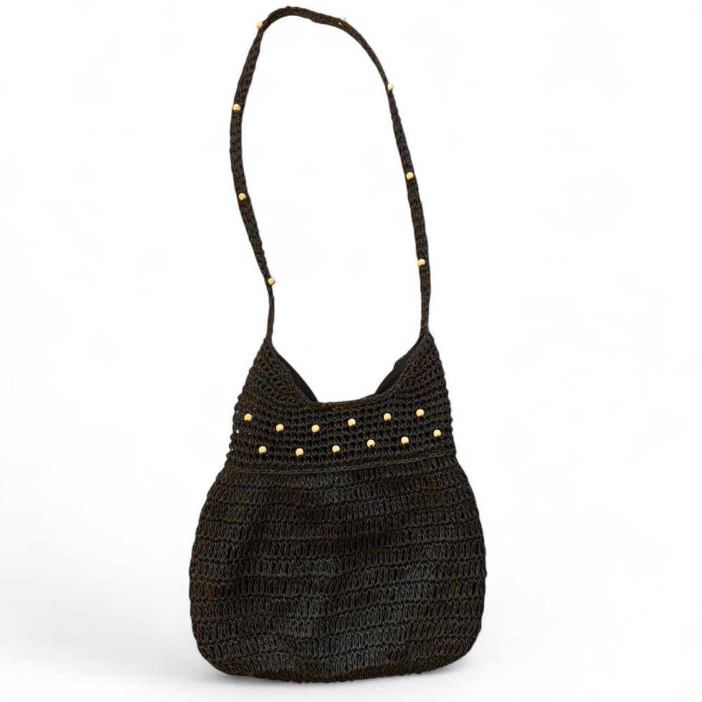 Black Crochet Knit Tote Bag with Beading Detail